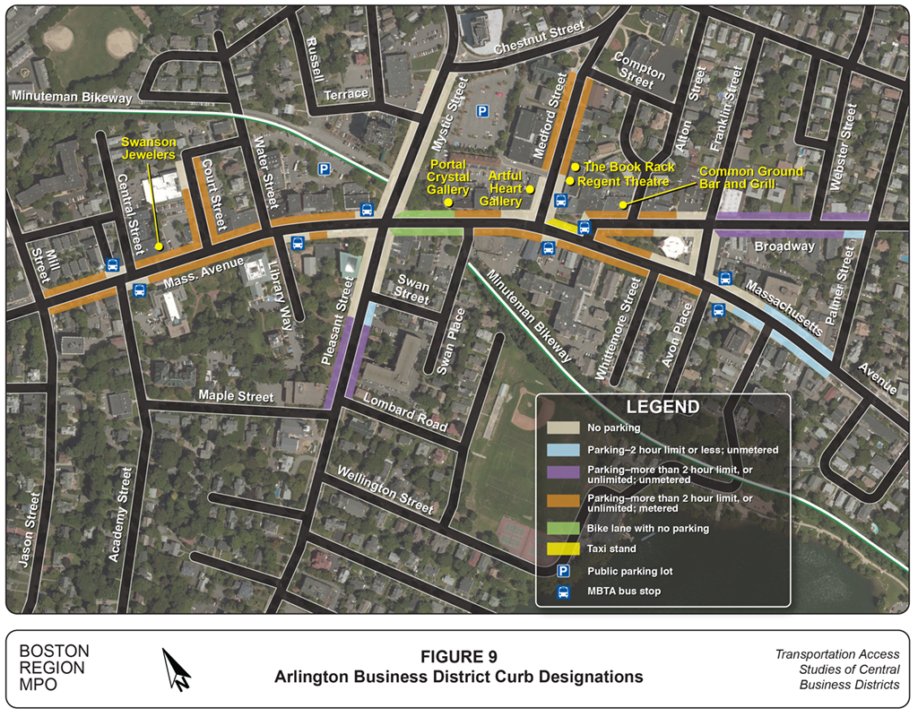 Arlington Business District Curb Designations
This figure is a map showing the curb lane designations in the Arlington central business district, and the businesses where customer surveying was conducted.
Arlington Business District Curb Designations
This figure is a map showing the curb lane designations in the Arlington central business district, and the businesses where customer surveying was conducted.